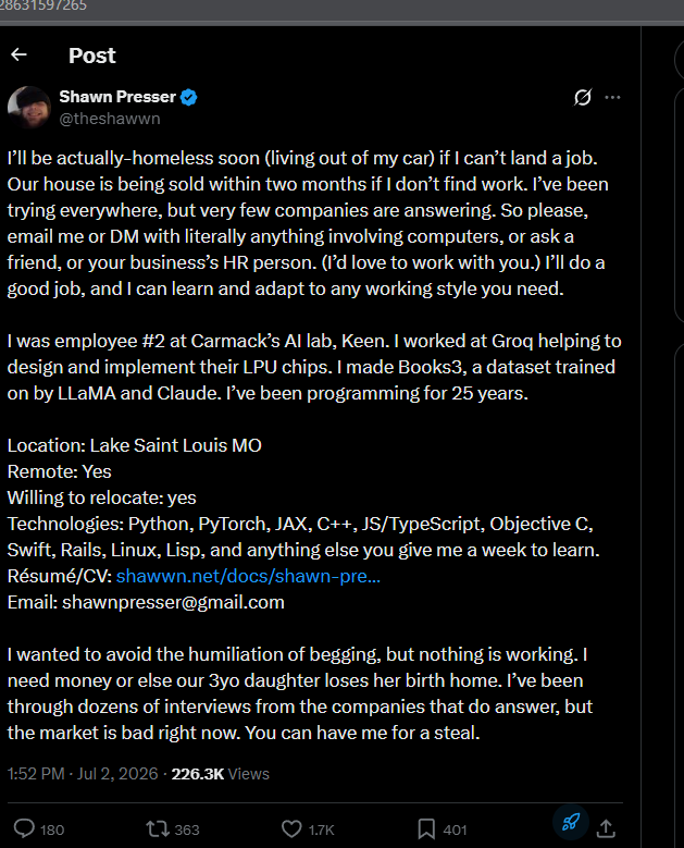 EdwardScisDih's tweet photo. Shawn Presser just ran to 100k , he just tweeted that he didn't trust pumpfun enough to connect his GitHub and would much prefer a wallet

We Have been in talks and He gave us his SOLANA WALLET

Shawn Founded the first open source AI la, Was a former employee of Keen, AGI and Groq, considered to be one of the best developers among each company 

Unfortunately life took it's toll and a series of unfortunate events lead him to become on the verge of homelessness 

Opportunity to do something amazing here 

DT2jF8KdUpsABS1rYixf4p83GusRP165yTxutPjkFEoZ

https://t.co/jB1A78K35B