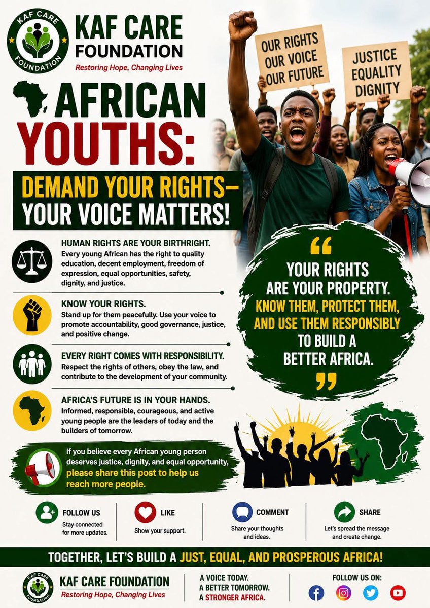 KafCare's tweet photo. Your rights are your property. Know them, protect them, and use them responsibly to build a better Africa."
#Kafcarefoundation #knowyourrights #buildyourfuture #youthday #ourvoicematter #ourfutureisours https://t.co/r9ifO3Uiwx