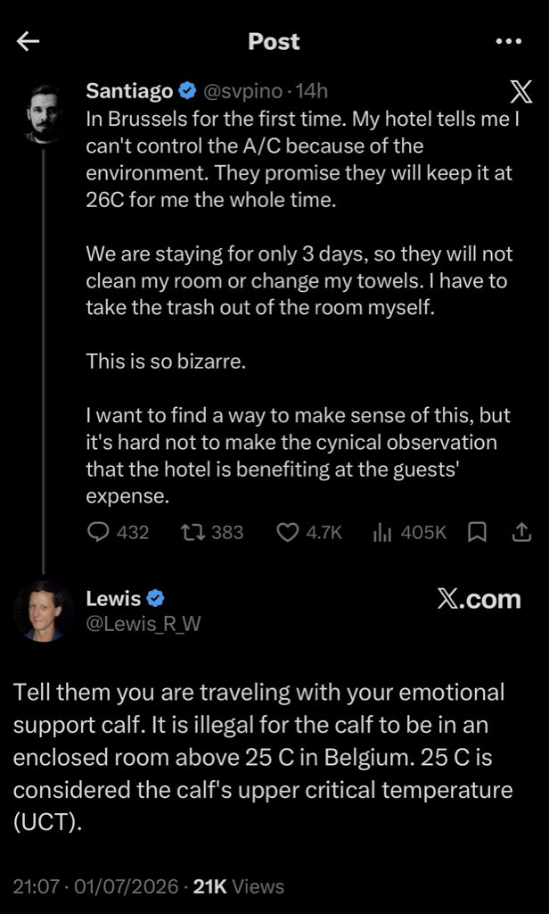 tomhfh's tweet photo. In Belgium, because of the environment, even hotels with air conditioning are slowly roasting their guests at temperatures at which it is illegal to keep cattle. https://t.co/WnTyVAMlqb