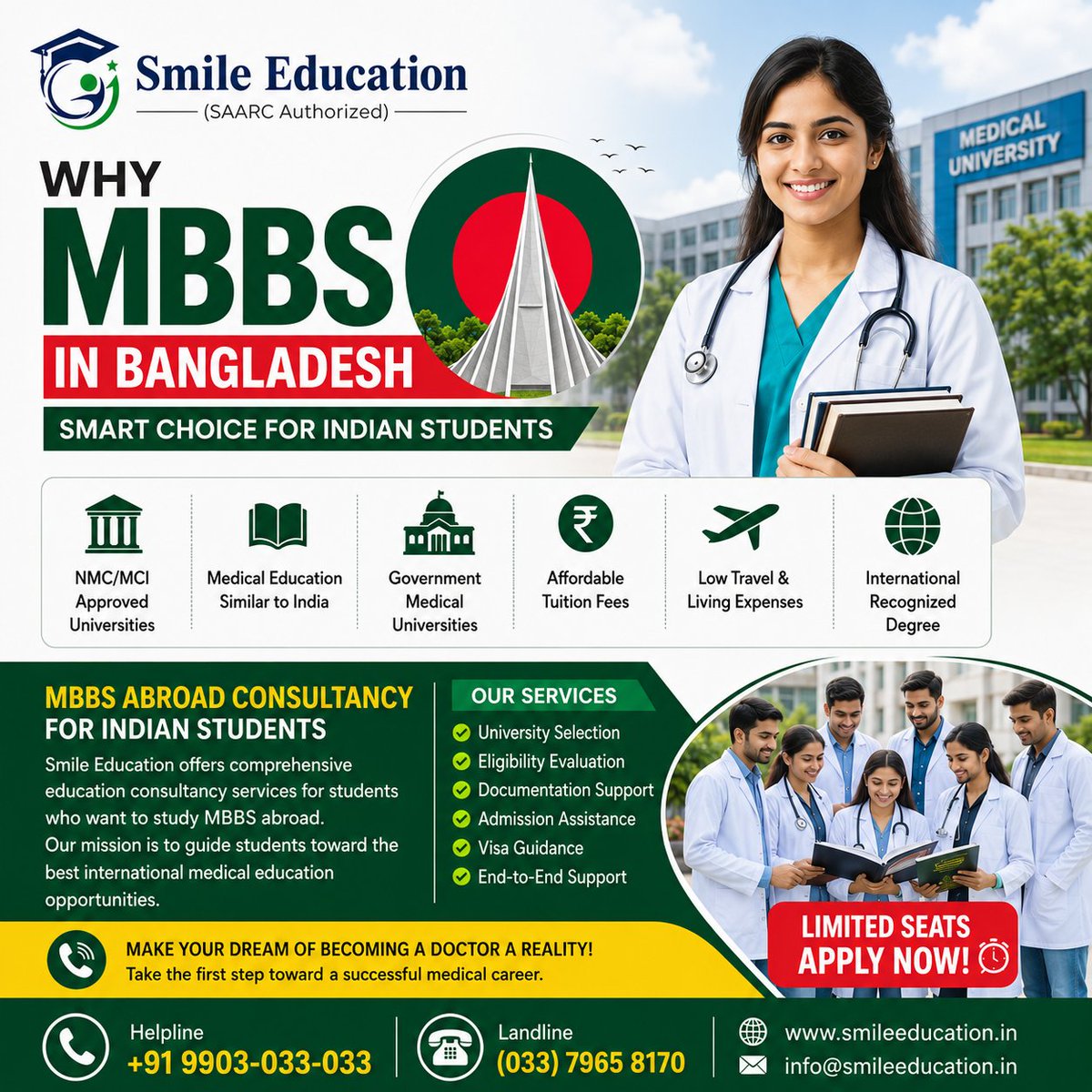 SmileEducationC's tweet photo. 🇧🇩 Why choose MBBS in Bangladesh?

✅ NMC Approved Medical Universities
✅ Indian-style curriculum
✅ Affordable tuition & living costs
✅ Internationally recognized degree
Get expert MBBS abroad admission guidance from Smile Education.
📞 +91 9903-033-033
#MBBS #MBBSInBangladesh #StudyAbroad #MedicalEducation #IndianStudents