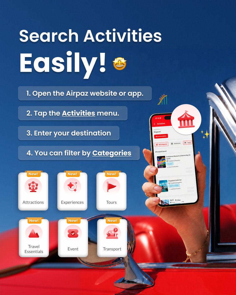 Airpaz's tweet photo. Flight ticket booked? Now it’s time to plan the Activities! 🎟️

From popular attractions to unique local experiences, you can find them all here https://t.co/rCvYWTXtiG 

📲 Download the Airpaz App and start exploring Activities today! https://t.co/gJ2GzhWa87