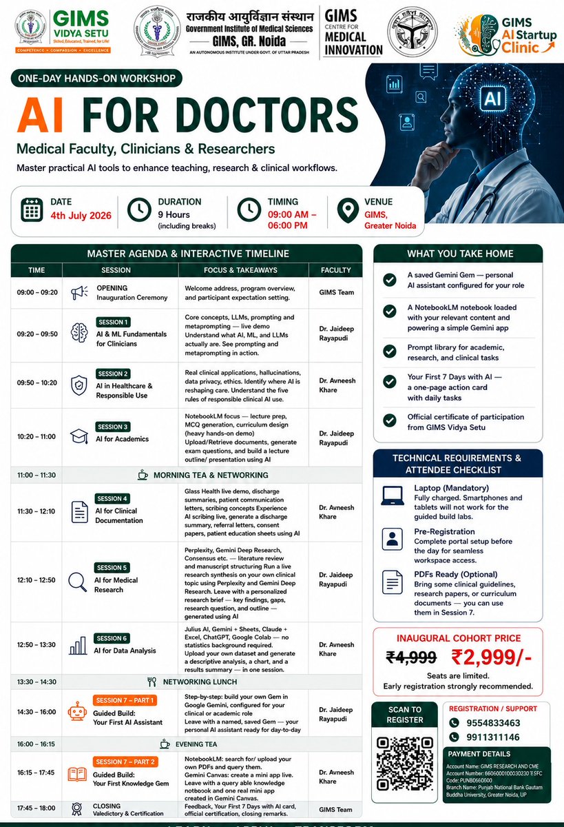 GIMS_Gr_Noida's tweet photo. ЁЯй║AI for Doctors | GIMS Greater Noida
ЁЯУЕ 4 July 2026
ЁЯХШ 9:00 AM тАУ 6:00 PM
ЁЯСитАНтЪХя╕П For Medical Faculty, Clinicians & Researchers
ЁЯдЦ Hands-on AI tools & Prompt Engineering
ЁЯТб Build your own AI Assistant
ЁЯУЬ Certificate of Participation
#AIForDoctors #MedicalEducation #Healthcare #GIMS https://t.co/sfN17qk3hs