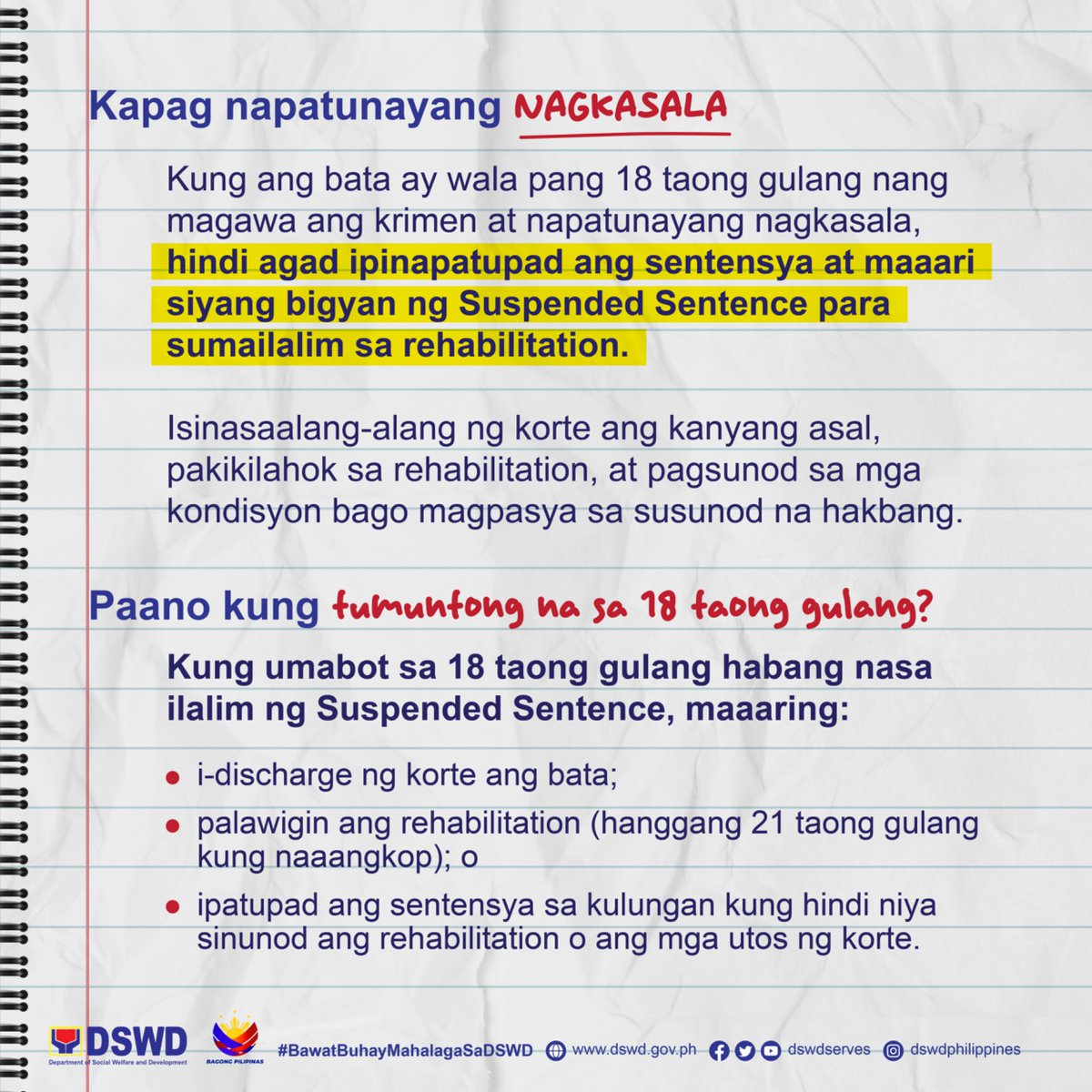 dswdserves's tweet photo. May pananagutan ba ang menor de edad kapag gumawa ng krimen?

Marami pa ring may maling akala na kapag menor de edad ang lumabag sa batas, wala na itong pananagutan. Ngunit sa ilalim ng Juvenile Justice and Welfare Act, may mga itinakdang proseso at naaangkop na interbensyon para sa mga children in conflict with the law (CICL), batay sa kanilang edad at sa bigat ng kanilang kaso.

Alamin ang mahahalagang impormasyon tungkol dito, kabilang ang mga umiiral na proseso, interbensyon at mga batas na gumagabay sa pangangalaga at rehabilitasyon ng mga batang lumabag sa batas.

#BawatBuhayMahalagaSaDSWD ❤️