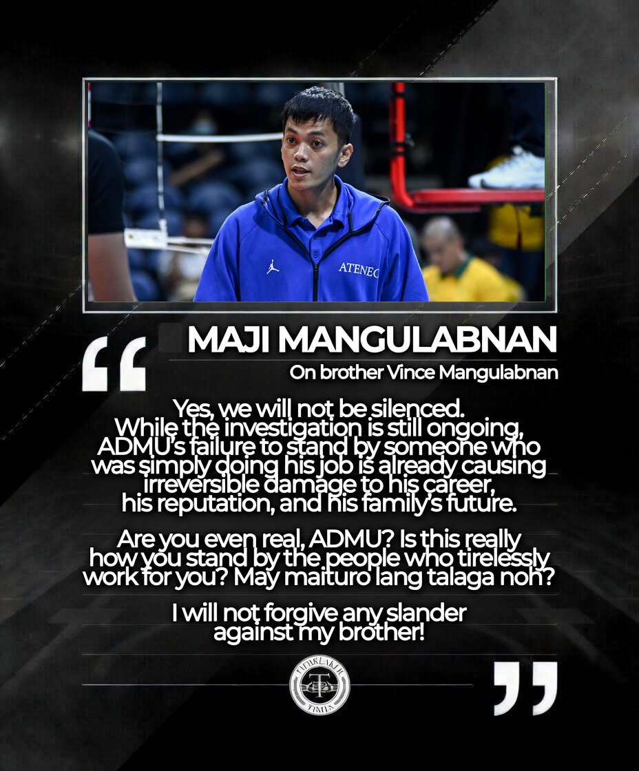 tiebreakertimes's tweet photo. WE WILL NOT BE SILENCED

Maji Mangulabnan defended her brother Vince after the PNP-CIDG recommended reckless imprudence resulting in homicide charges against him in connection with Ateneo's fatal team-building tragedy in Aurora

#ReadMore 👉 https://t.co/LMNPvoIQHi

#UAAPSeason89 https://t.co/eyDUq18roz