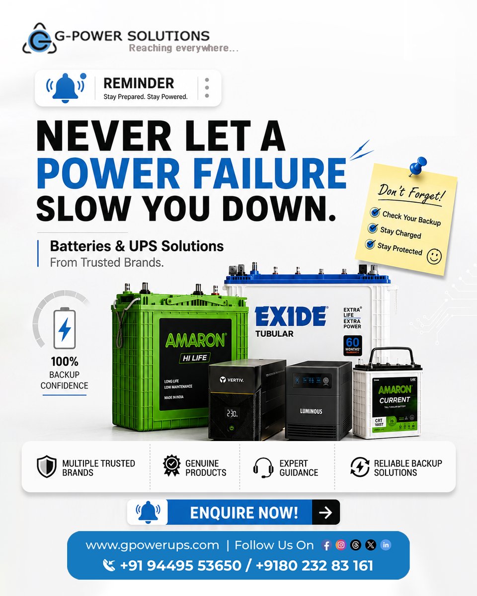 gpowerups's tweet photo. Power outages are unpredictable. Your backup shouldn't be.

Get trusted Batteries &amp; UPS solutions from leading brands with expert support from G Power.

📞 +91 9449553650
🌍 https://t.co/LgQMAloxeq

#gpower #batteriesandups #powerbackup #upssolutions #powersolutions #staypowered https://t.co/ITDQys6zop