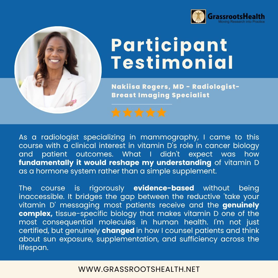 Grassroots4VitD's tweet photo. A powerful reflection from Nakiisa Rogers, MD, a Radiologist specializing in Breast Imaging, on how her understanding of vitamin D has evolved through this course.

Her experience reflects a deeper shift in perspective, moving beyond conventional messaging into a more complete understanding of vitamin D as a biologically active hormone system with wide-reaching implications for clinical practice and patient care.

When clinicians engage with the science at this level, it doesn’t just expand knowledge, it transforms how care is delivered and how patients are guided in real-world settings.
— Nakiisa Rogers, MD
Radiologist | Breast Imaging Specialist

👉 Ready to deepen your own understanding of vitamin D science?
Enroll now and explore the evidence for yourself: https://t.co/IFQK4drhQh

📣 Follow and support Nakiisa Rogers, MD:  @RadiologyofIN 

#VitaminD #MedicalEducation #Radiology #BreastImaging #EvidenceBasedMedicine #CancerResearch #PublicHealth #FunctionalMedicine #HealthEducation #SunlightHealth #ClinicalPractice #ContinuingMedicalEducation