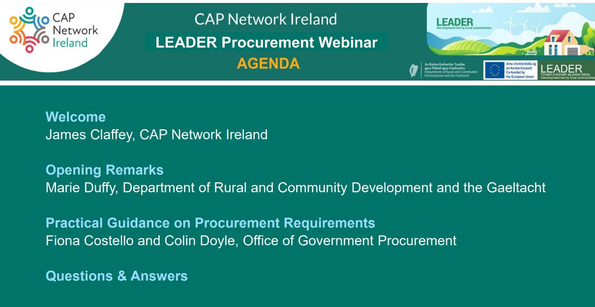 capnetworkire's tweet photo. We’re live!
Hosted by CAP Network Ireland and the Department of Rural and Community Development and the Gaeltacht, we’re delighted to see such a great turnout of our #LEADERCLLD colleagues from across the country at our Procurement Webinar this morning.
We’ll be delving into the details of the National Procurement Guidelines with guest speakers Fiona Costelloe and Colin Doyle from the Goods and Services Policy Unit at the Office of Government Procurement.
Looking forward to an engaging and informative discussion.
#RuralInnovation #capnetworkireland #LEADERProcurement