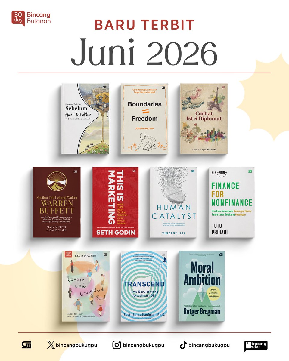 bincangbukugpu's tweet photo. Dari deretan buku-buku nonfiksi Gramedia Pustaka Utama yang terbit pada Juni 2026, mana aja yang masuk reading list-mu? ππ
#bincangbukugpu #bukugpu #nonfiksigpu https://t.co/QAEq1Ji5JG