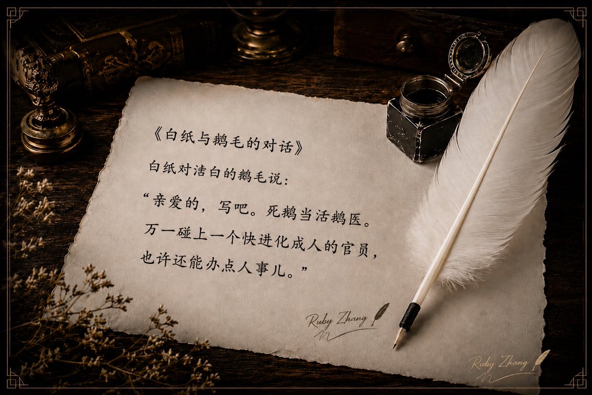 Ruby3Zhang's tweet photo. 《白纸与鹅毛的对话》

白纸对洁白的鹅毛说：

“亲爱的，写吧。死鹅当活鹅医。万一碰上一个快进化成人的官员，也许还能办点人事儿。”

#原创寓言 #讽刺文学 #文字的力量 #Fable #Satire https://t.co/mWfd8OGK1N