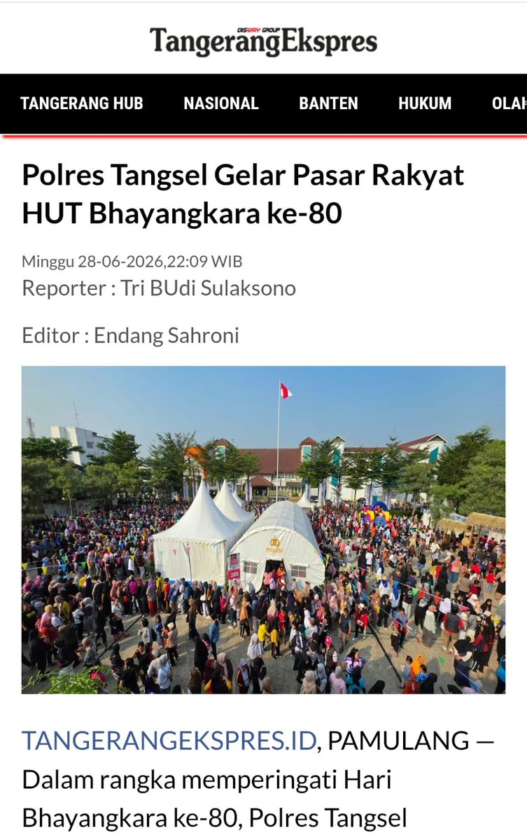 mailustrasi's tweet photo. Selamat HUT Bhayangkara ke-80! Polres Tangsel menggelar Pasar Rakyat sebagai perayaan penuh syukur bersama masyarakat. Semoga Polri makin jaya dan dicintai rakyat! #HUTBhayangkara2026 https://t.co/cckex93vDK
