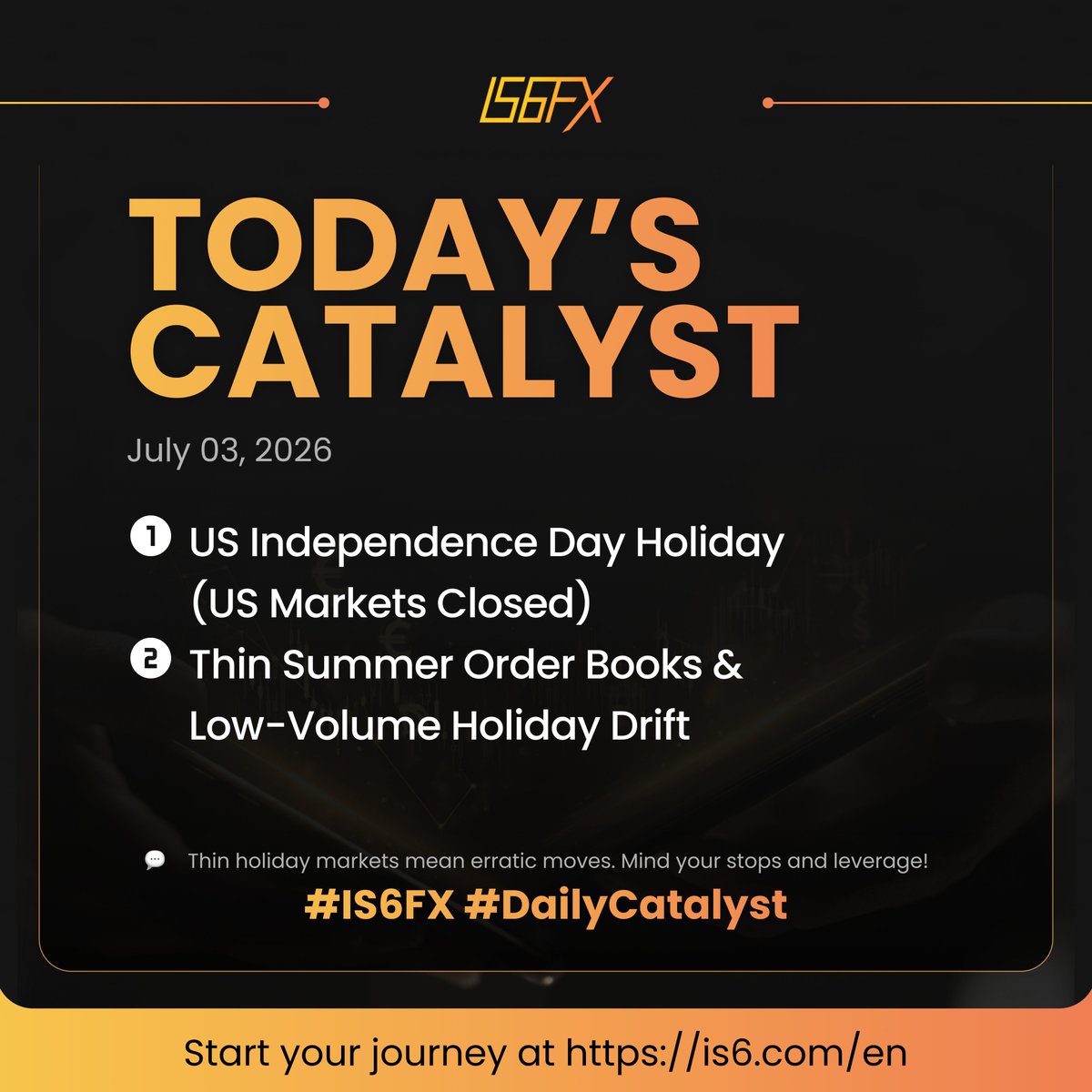 is6fx_global's tweet photo. Today's Catalyst β July 03
US Markets Closed: Wall Street goes dark for Independence Day. Expect low-volume summer drift and thin order books across the board.
What is your focus for today's holiday market? Let us know! π
#Forex #IS6FX #DailyCatalyst https://t.co/DX3oo5YU4p