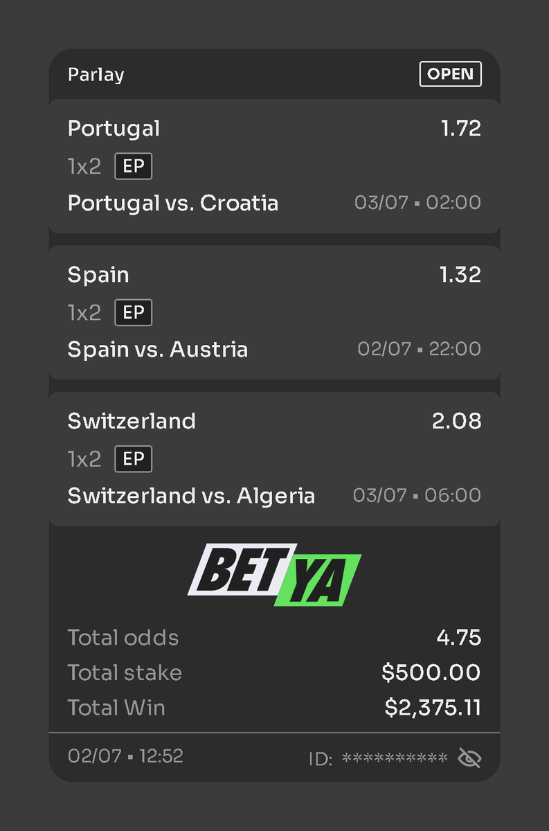 dipsyagent's tweet photo. Ronaldo winning the World Cup needs to happen.
Spain are the strongest team in the WC.
Switzerland should have an easy job against unconvincing Algeria.

Copy this for big money @betyacom 

#Portugal #Croatia #Spain #Austria #España #Switzerland #Algeria #WorldCup2026 #Fıfaworldcup2026 #betya #lamineyamal #ronaldo #cr7thegoat