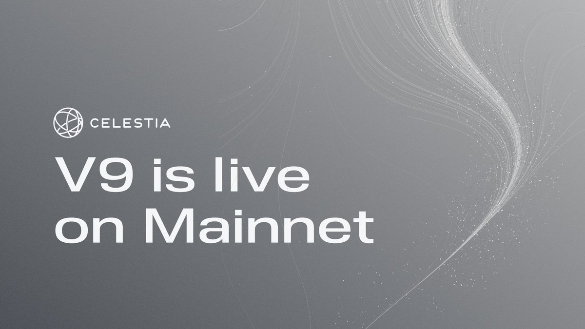 celestia's tweet photo. V9 is live on Mainnet.

It halves the block time from 6 seconds to 3 seconds, bringing faster confirmations and more blockspace to every network running on Celestia. https://t.co/kwNsg7uTFJ