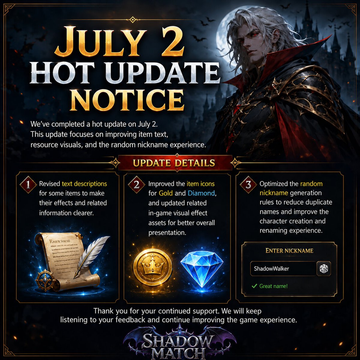 AzureonGames's tweet photo. 📢 July 2 Hot Update Notice
Hot update completed.
Includes:
✅ Clearer item descriptions
✅ Improved Gold & Diamond icons
✅ Updated VFX assets
✅ Optimized nickname rules to reduce duplicates
Thanks for your support!
#ShadowMatch #GameUpdate https://t.co/DRNRXshUMd