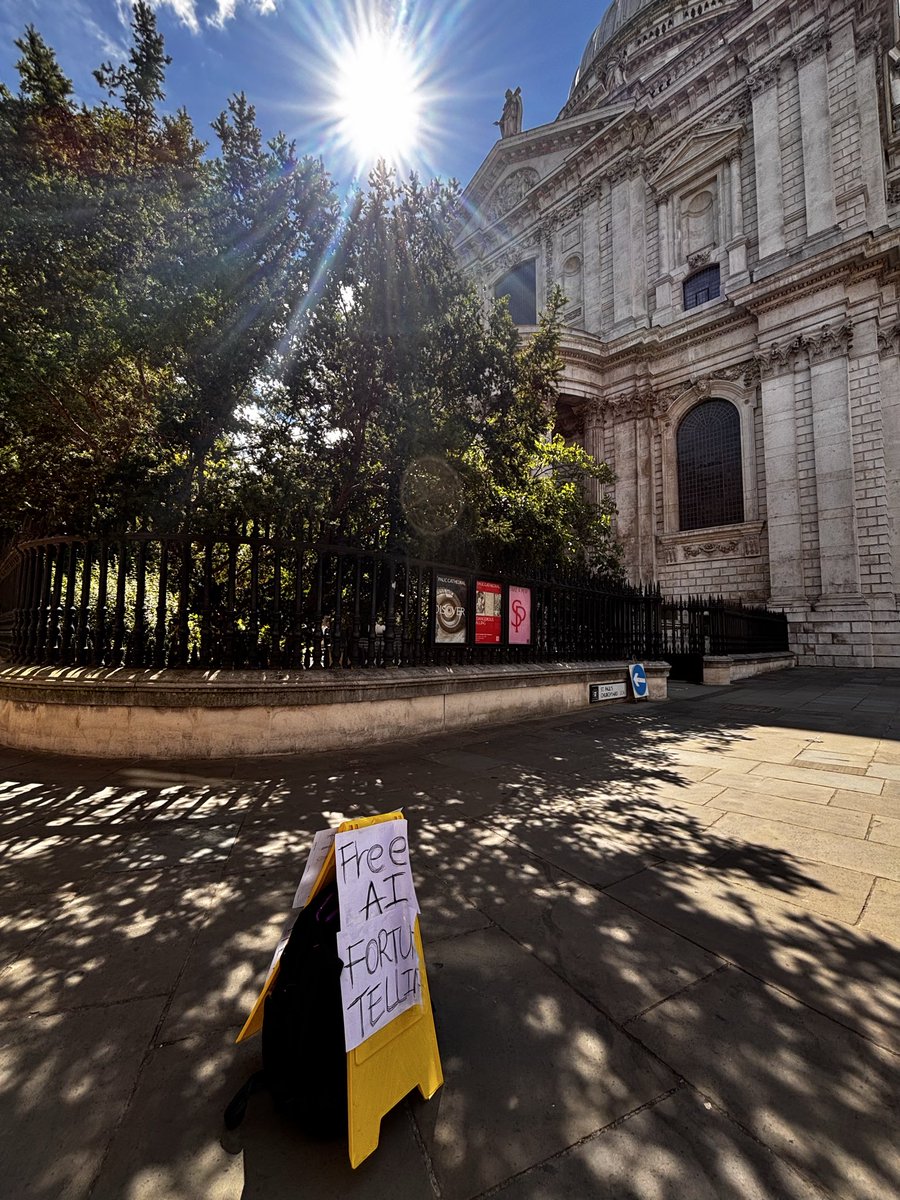 Day1_CJ's tweet photo. Day9 of £1M challenge: Free AI fortune telling at St Paul’s coffee shop! At Notes Roasters &amp;bars, they are so nice to lend me the space! Come! Already have a lot of guys trying! Pretty good! #vibecoding #londoner #fortunetelling #street https://t.co/vxKwI9XBmI