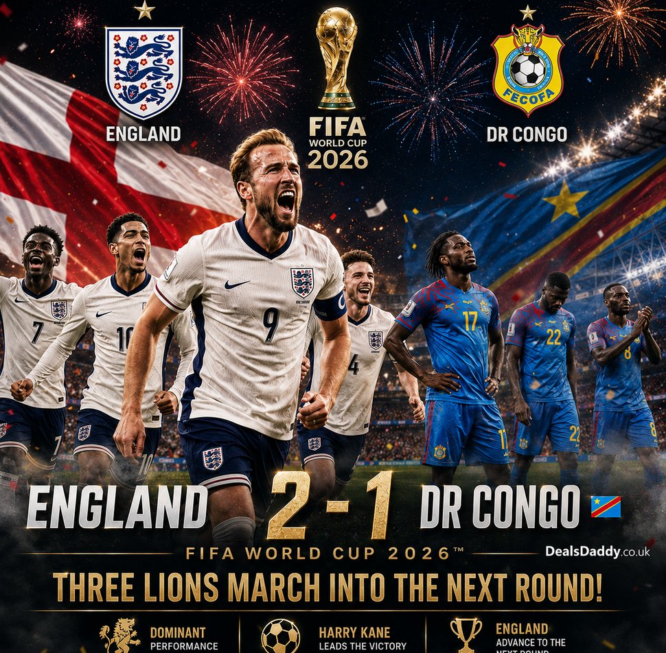 DealsDaddyUK's tweet photo. England take the win! ๐ฌ๐ง๐ฅ
England 2 - 1 DR Congo ๐จ๐ฉ
What a performance by the boys! ๐ชโฝ
Victory secured in style! ๐๏ธโจ
#England #WorldCup2026 #ENGvsCOD https://t.co/6HqqXMvJAi