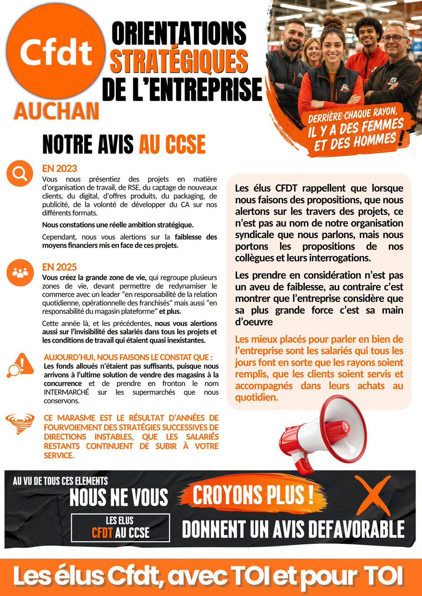 CFDTAuchan's tweet photo. Avis des élus #CFDT au CCSE sur les Orientations Stratégique d' #Auchan https://t.co/YZBgDrWhNI