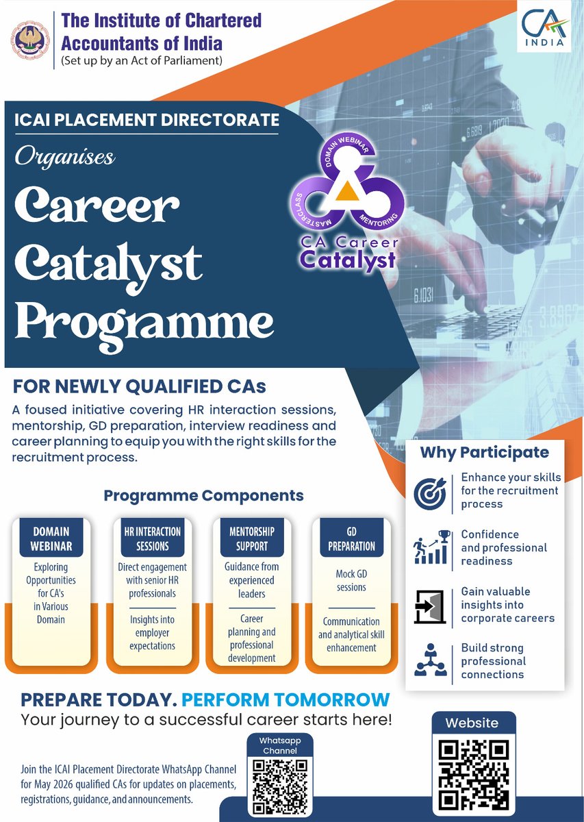 ICAI_Placement's tweet photo. 🚀 Prepare today. Perform tomorrow.
Join the ICAI Placement Directorate's Career Catalyst Programme to gain mentorship, HR insights, and career-ready skills.
#ICAI #CA #CareerCatalyst https://t.co/0BNVun9gxt