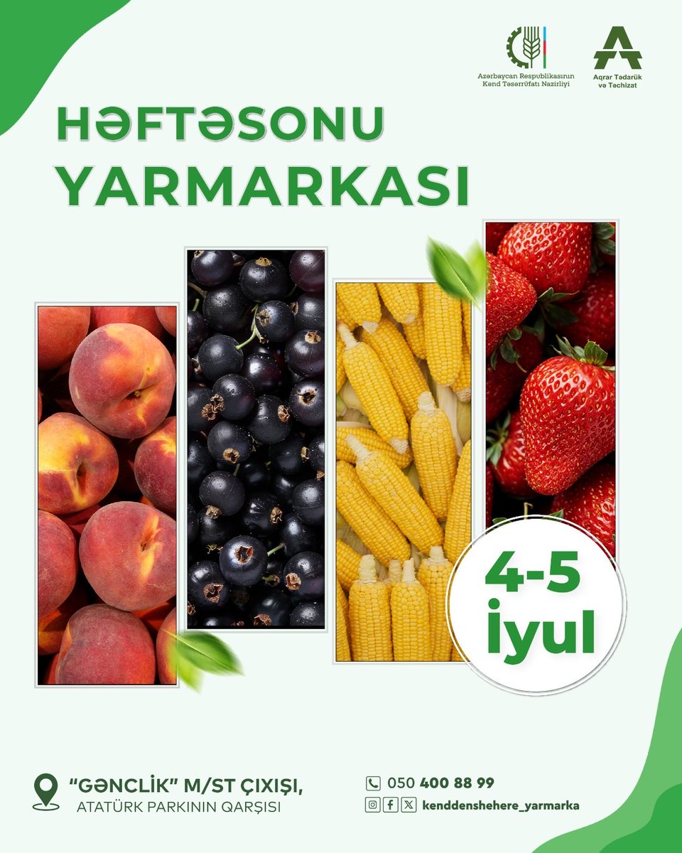 attgovaz's tweet photo. Dəyərli izləyicilərimiz, 4-5 iyul tarixlərində “Aqrar Tədarük və Təchizat” ASC-nin təşkilatçılığı ilə paytaxtda “Kənddən Şəhərə” həftəsonu yarmarkası keçiriləcək. https://t.co/Ir3TmJo1gc