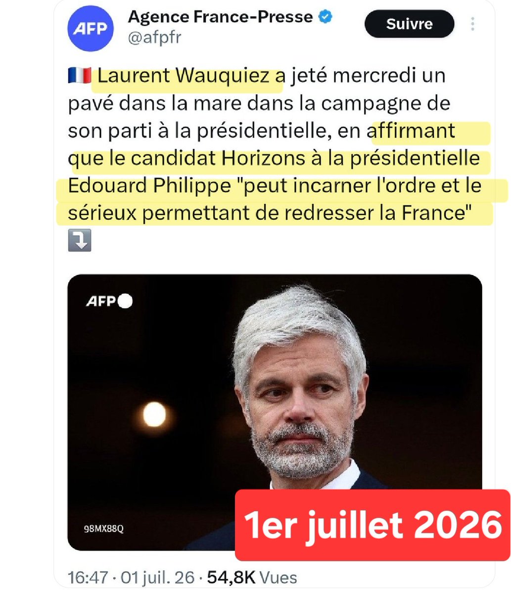 f_asselineau's tweet photo. 🤡SANS COMMENTAIRE
▪️7 mai 2025
Wauquiez annonce sur Europe 1 qu'il ne fera jamais,au grand jamais, alliance avec Édouard Philippe et que sa position est d'une absolue clarté

▪️1er juillet 2026
Wauquiez annonce implicitement son ralliement à Philippe au détriment de Retailleau
. https://t.co/f8mjTolL8b