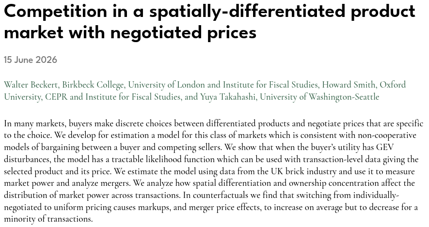 RevEconStudies's tweet photo. Buyers often make choices between differentiated products and negotiate prices specific to the choice. This paper specifies a model for this setting and estimates it on transactions data for the UK brick market.

New paper by @howardwsmith, Beckert, and Takahashi

#REStud
#EconX https://t.co/bZgAXahyAd