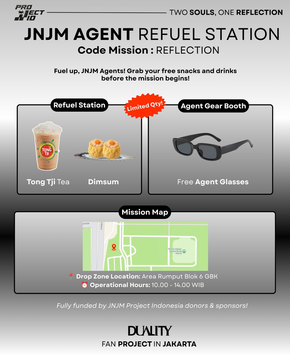 JNJMPROJECT_ID's tweet photo. ⛽ [JNJM AGENT REFUEL STATION] ⛽

Attention, Team JNJM! Misi utama kita di ‘REFLECTION : The Double Identity’ akan segera dimulai. Sebelum bertugas dan bersenang-senang di dalam venue, pastikan energi serta perlengkapan kalian sudah siap! 🫡

Dengan ini, JNJM Project Indonesia mempersembahkan booth makanan & minuman gratis sekaligus penyediaan kacamata hitam cadangan gratis untuk menyukseskan JNJM Agent Project!

📍 Lokasi: Area Rumput Blok 6 GBK (Cari standing banner JNJM AGENT REFUEL STATION)
🗓️ Hari: Day 1 & Day 2
⏰ Waktu: Pukul 10.00 - 14.00 WIB

🔗 Link Registrasi Klaim: https://t.co/EnGi71c2QM

📋 Mission Requirements (Cara Klaim):
★ Food & Drinks: Tunjukkan bukti konfirmasi klaim yang telah dikirimkan ke email masing-masing kepada staf di booth untuk mendapatkan paket makanan & minuman gratis (1 pax per orang).
★ Kacamata Hitam: Bagi teman-teman yang belum sempat membeli atau lupa membawa kacamata pribadi, kalian bisa langsung mengklaim kacamata gratis dari kami cukup dengan menunjukkan wristband tiket kalian di lokasi (tanpa perlu mengisi form).

⚠️ Don’t leave a trace! Mohon kerja samanya untuk selalu mengantre dengan tertib dan menjaga kebersihan area dengan membuang sampah pada tempatnya. Jangan sampai identitas kita terdeteksi! 🤫

Fasilitas ini sepenuhnya terwujud berkat kebaikan para donatur dan sponsor JNJM Project Indonesia. Thank you for making this project possible! See you at the venue, JNJM Agents! 🕵🏻

#JNJM_ReflectionJKT
#JENO #JAEMIN
#DUALITY_IN_JAKARTA
#NCTJNJM_DUALITY