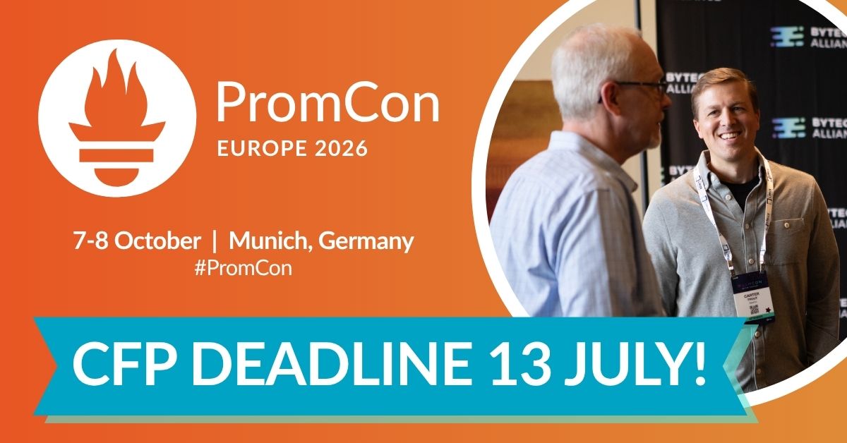 CloudNativeFdn's tweet photo. 🔥 CFP Closing Soon: Submit Your #PromCon Europe 2026 Proposal TODAY! https://t.co/ESrGXzrlHN
Submit your proposal by 13 July and help shape the conversation around #observability and #monitoring. Join the global #Prometheus community in Munich, Germany, 7-8 October. https://t.co/yq48k90UHx