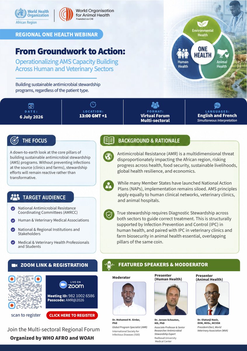 ISID_org's tweet photo. Join us for the next Regional #OneHealth Webinar, "From Groundwork to Action: Operationalizing AMS Capacity Building Across Human and Veterinary Sectors."

Hosted by WHO AFRO &amp; WOAH, with ISID's Dr. Mohamed Sirdar moderating.

📅 July 6 | 🕐 13:00 GMT+1
🔗 https://t.co/H1U6AjajPd https://t.co/yXs0r5gHoj