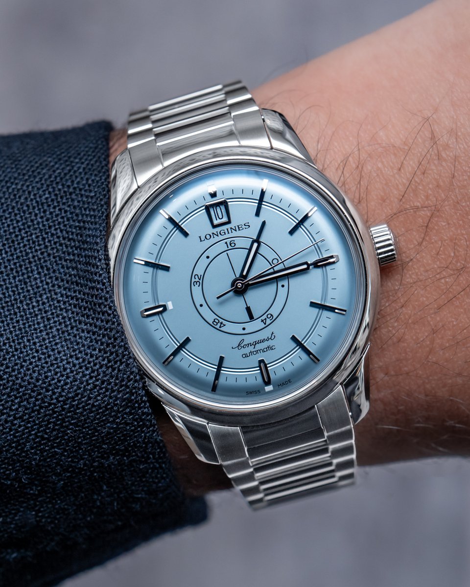 baldassarreted's tweet photo. Longines just unveiled its latest take on its Conquest Heritage Central Power Reserve, refreshing the mid-century-inspired design with a frosty blue opaline dial, offered either with a blue leather strap or a new stainless steel bracelet variation. Full details here: https://t.co/vfRRkb1ziJ

#Longines #Watches #WatchCommunity