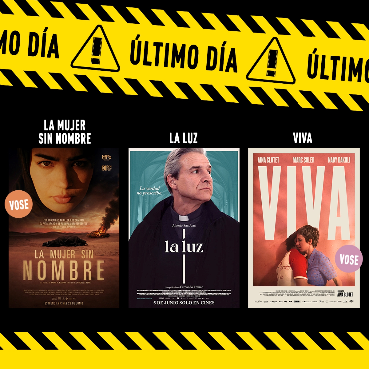 GolemBilbao's tweet photo. ⚠️ Hoy nos dejan en su #ÚLTIMO DÍA en cartelera:
🧕🏽 #LaMujerSinNombre
🕯️ #LaLuz
🫀 #Viva
Entradas 🎟️: https://t.co/1Ox60EYDxq https://t.co/B8UR2ZPPY9