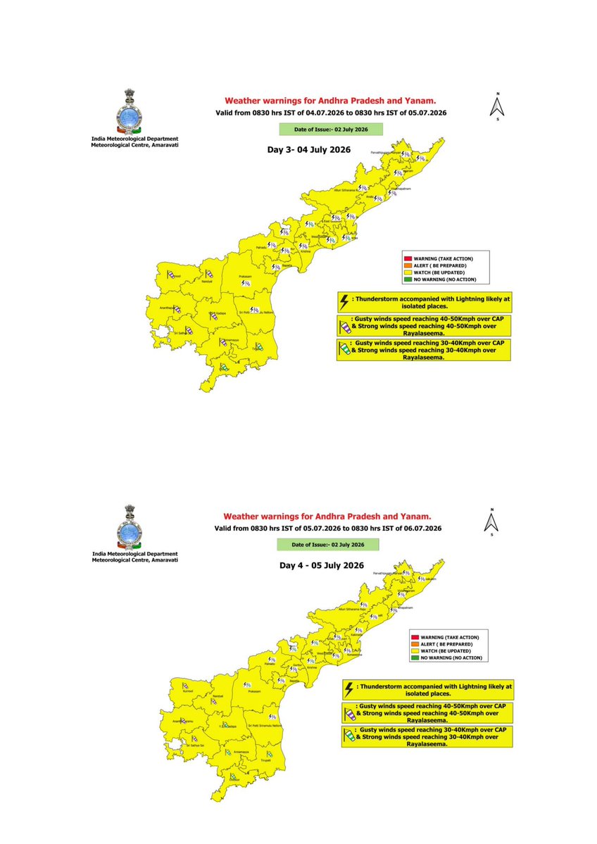 AmaravatiMc's tweet photo. Weather warning for Andhra Pradesh for next five days dated 02-07-2026 #IMD #APWeather #APforecast #MCAmaravati https://t.co/1rHWmrZqRH