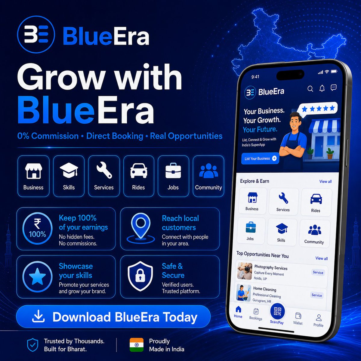 BlueeraApp's tweet photo. Your business deserves direct growth.

With BlueEra, local businesses, skilled professionals, service providers, riders, and vendors can connect directly with customers — without commission barriers.

Grow with BlueEra today 🚀

#BlueEra #BusinessGrowth #LocalBusiness #DigitalIndia #StartupIndia