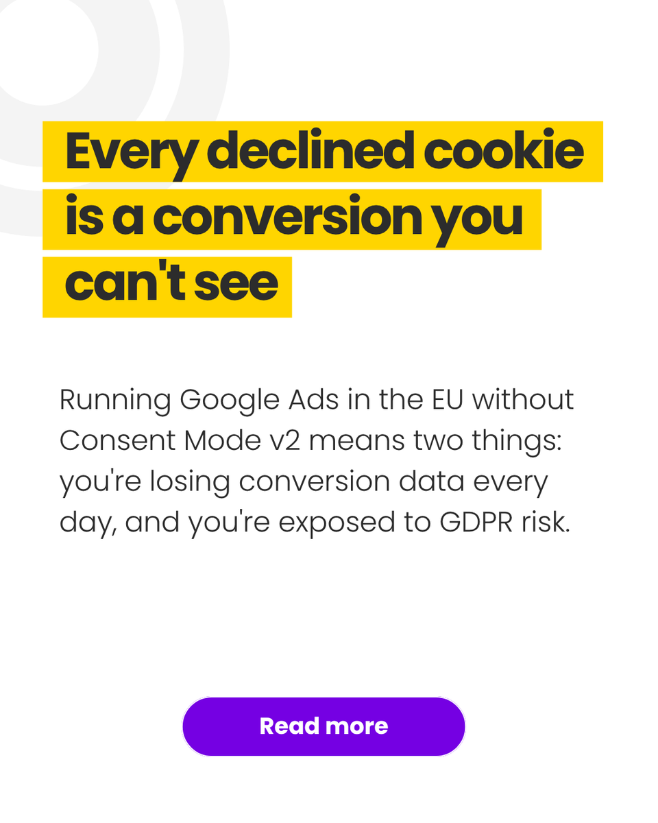 ASKBOSCOai's tweet photo. Every time a user declines your cookie banner and goes on to convert, that sale disappears from your Google Ads data. Without Consent Mode v2, you're making budget decisions based on a partial picture and the portion you're missing grows every time privacy awareness does.

Consent Mode v2 uses modelled conversions to fill that gap, giving you a more accurate view of what's actually driving results. But it only works if it's set up correctly and the setup requires your CMP, GTM, and Google Ads accounts to be configured in exactly the right sequence.

Read the full blog here https://t.co/mBsb85YGBL
