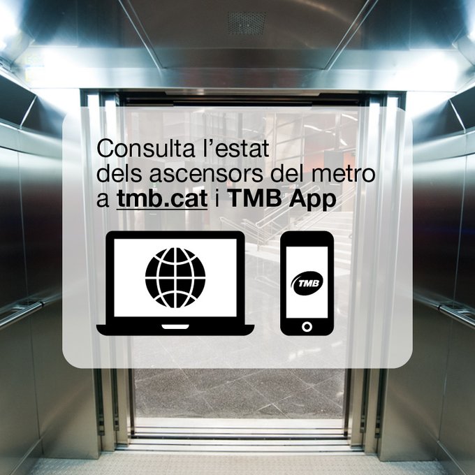 TMB_Barcelona's tweet photo. đ Consulta el funcionament dels ascensors de les lĂnies de #metrobcn convencionals al nostre web i a #TMBApp?
â
NomĂŠs cal que cliquis lâestaciĂł que necessites consultar i dins la part dâincidències veurĂ s lâestat dels seus ascensors en totes dues direccions! https://t.co/6kzwHReH06