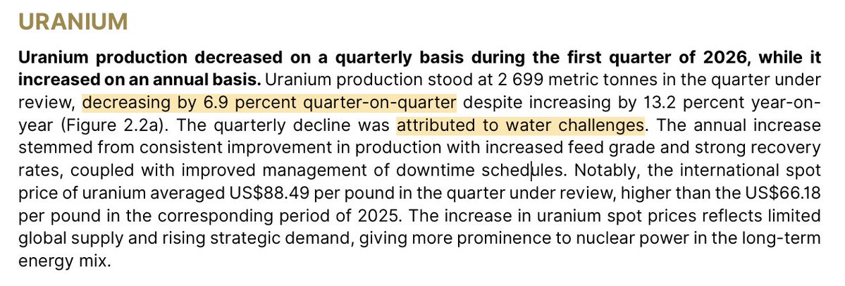 mountaingoat672's tweet photo. #uranium production out of Namibia saw a -6.9% decline in Q1 vs Q4 2025 attributed to water challenges, no impact from sulphuric acid availability noted during the quarter on Husab and Rossing, but declines are entirely attributed to them with a mild increase from $PDN https://t.co/lv95C3AAq3