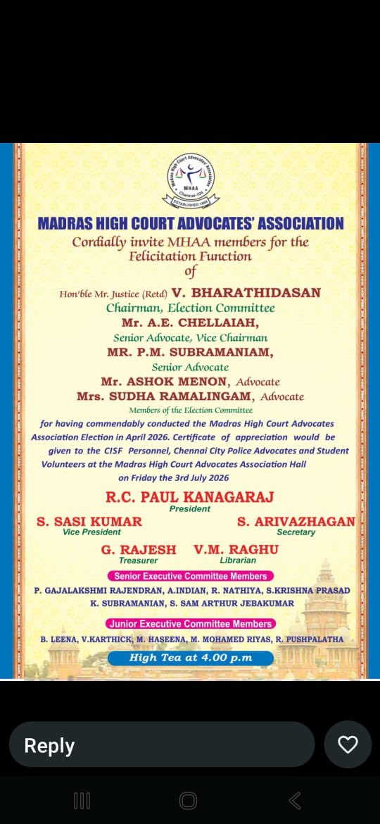 RCPK_Official's tweet photo. It is with immense pride and happiness that we invite all members of the Madras High Court Advocates’ Association to the Felicitation Function organized to honour the distinguished members of the MHAA Election Committee, whose dedication, integrity, and tireless efforts ensured the successful conduct of the Madras High Court Advocates’ Association Elections – April 2026.

This function is not merely an event of appreciation, but a tribute to every individual who worked selflessly to uphold the democratic values and traditions of our Association. We also take this opportunity to recognize the invaluable services rendered by the CISF personnel, Chennai City Police, advocates, and student volunteers who extended their wholehearted support throughout the election process.

On behalf of the Madras High Court Advocates’ Association, I extend my heartfelt invitation to every member to join us in celebrating this memorable occasion and to personally congratulate those who contributed to this successful electoral process.

🗓 Date: Friday, 03 July 2026
☕ High Tea: 4.00 PM
🎖 Felicitation Function: 4.30 PM
📍 Venue: Madras High Court Advocates’ Association Hall

Your gracious presence will make this occasion even more meaningful.

With warm regards,

R.C. Paul Kanagaraj
President
Madras High Court Advocates’ Association