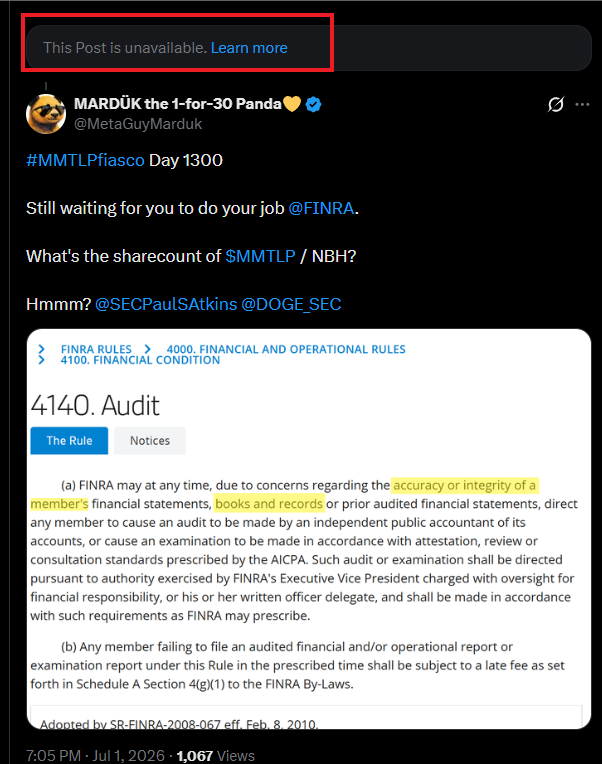 MetaGuyMarduk's tweet photo. $MMTLP

This post by @JunkSavvy is being shadowbanned.

When you open a comment reply and scroll up, it's a dead link. This greatly hinders the post's reach. Make sure we like, repost and quote post it. https://t.co/ukRb0cbT5o