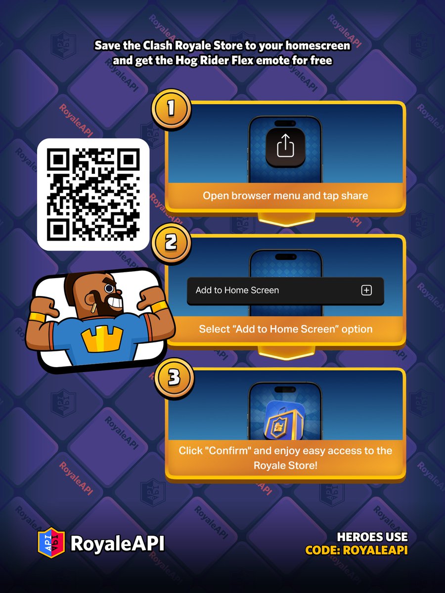 RoyaleAPI's tweet photo. Get this Hog Rider Flex emote and 30 Epic Wild Cards for free when you add the Clash Royale Supercell Store to your home screen! 

1. Go to https://t.co/VZe1Ah4DYj
2. In browser, select Share > Add to Home Screen
3. Open the Store from the home screen
4. 🎁 Claim the free gifts!

Always use code RoyaleAPI 😘