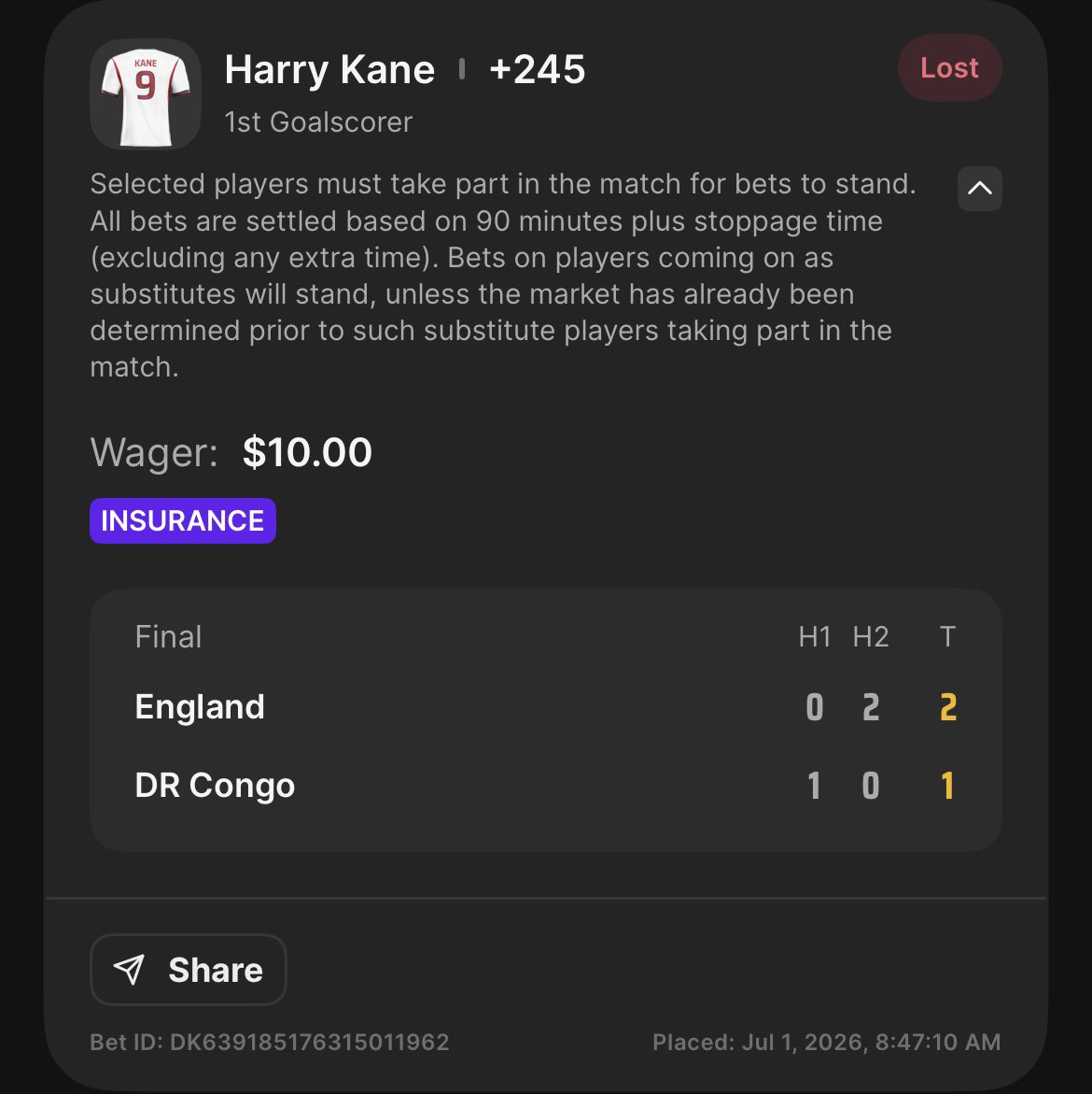 __jleo's tweet photo. @DK_Assist I used the first goal scorer insurance for Harry Kane in England’s match against DR Congo. He didn’t score first but he later scored twice. The bet is marked as a loss and I have received no insurance compensation. I will provide a screenshot as proof. Username j_leo https://t.co/WCX7bwlzc5