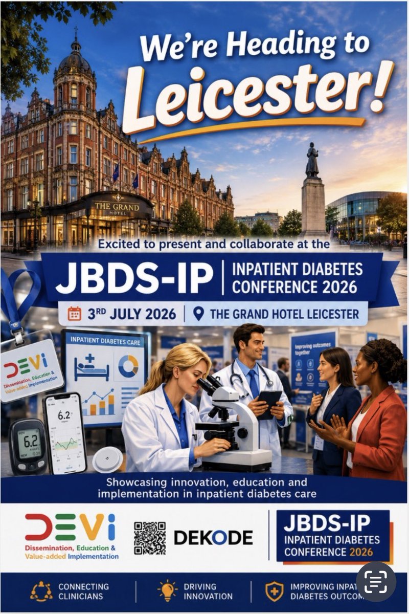 Devicollab's tweet photo. 📍 We're heading to Leicester!
DEVI DEKODE are excited to be attending the JBDS-IP Inpatient Diabetes Conference 2026 at The Grand Hotel Leicester on 3 July 2026.
Look out for our posts tomorrow to see our work!
#JBDSIP #DEVI #DEKODE https://t.co/8mAgCxlwC8