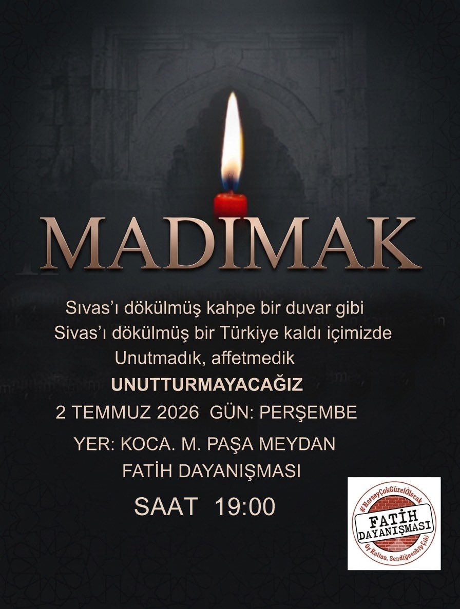 dayanismafatih's tweet photo. “Şu Sivas'ın elinde sazım çalınmaz.
Güllerim yandı, yüreğim dayanmaz.”

33 yıl önce bugün Madımak Oteli'nde katledilen canlarımızı saygı ve özlemle anıyoruz. 

🗓️ 2 Temmuz Perşembe
📍Kocamustafapaşa Meydan
🕕19.00

#unutMADIMAKlımda https://t.co/NMjdRHUALF