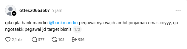 TwipsX's tweet photo. Ini beneran kah @bankmandiri ngejadiin pegawainya sebagai target bisnis?

Lagi rame isu kalau pegawai bank mandiri "dipaksa" buat ambil pinjaman emas demi ngejar target.

Kalau emang beneran, parah sih.... https://t.co/4YFNCkNLxW