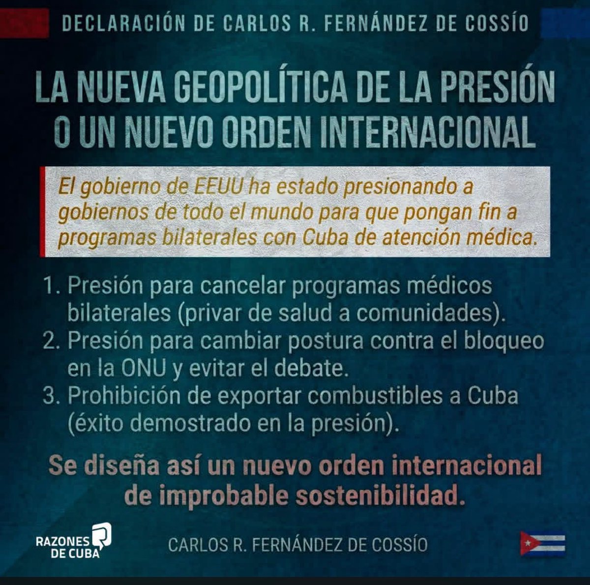 comunemproyVC's tweet photo. “ … Gobierno 🇺🇸 está presionando a todo el mundo para que:
❌ Cancelen acuerdos d salud
❌ Se nieguen a votar vs el bloqueo en la ONU.
❌ Cierran el combustible.
¿El objetivo? Diseñar un nuevo orden internacional a su medida …”
#CubaVive #BloqueoEsGenocida #VillaClaraConTodos https://t.co/2TmEshrO2O
