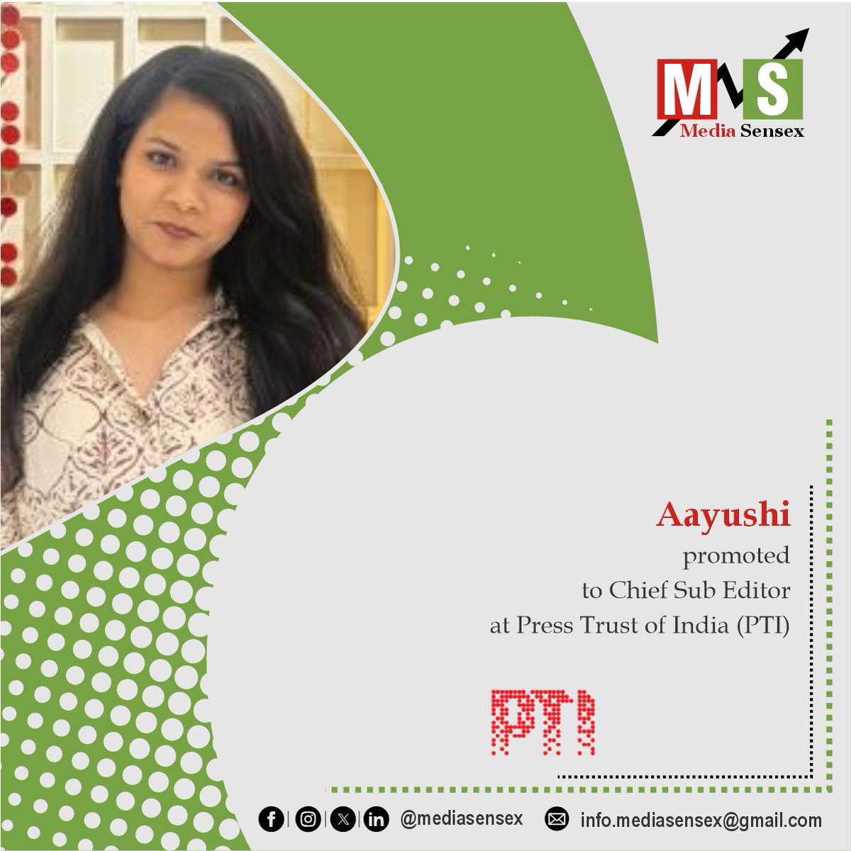 MediaSensex's tweet photo. #Aayushi has been promoted to #ChiefSubEditor at #PressTrustofIndia (PTI). She steps into her new leadership role to further strengthen the news agency's editorial desk and news operations.
@PTI_News
#MediaMovements #PTI #JournalismNews #Promotion #MediaSensex #PeopleOnTheMove https://t.co/Mb6CIvFD0n