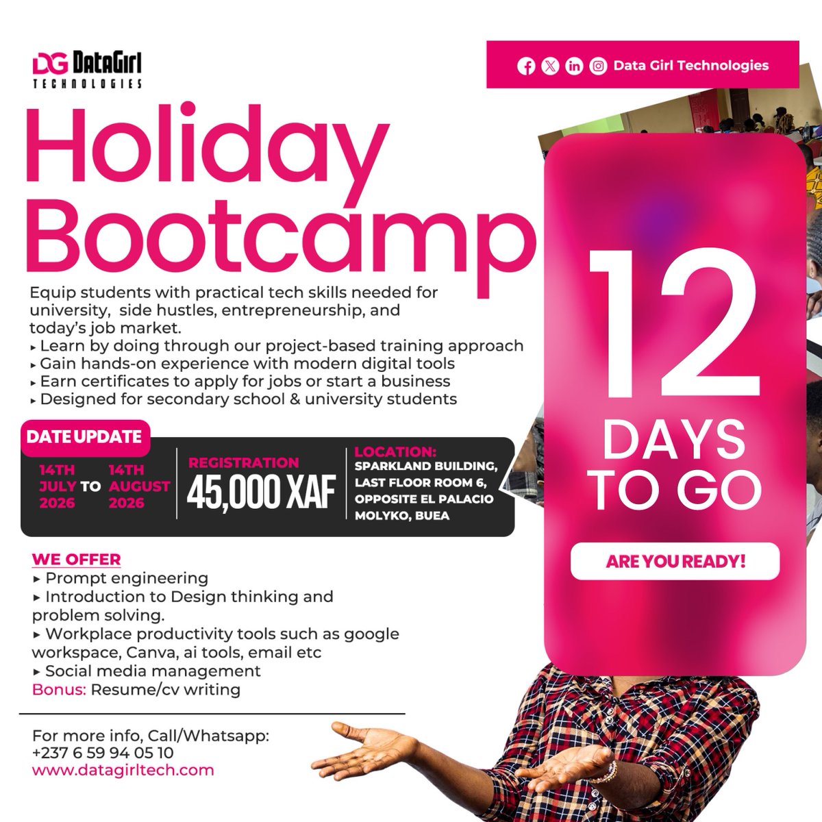 DataGirlTech1's tweet photo. One decision. One skill. One opportunity 

That's all it takes to change the direction of your life.

Don't just hope for a better future. Build one with us today..
Our Holiday BootCamp starts in 12 days. Register Now 

DM/WhatsApp: +237 659940510
#datagirltech #bootcamp https://t.co/nFmszOuOmn