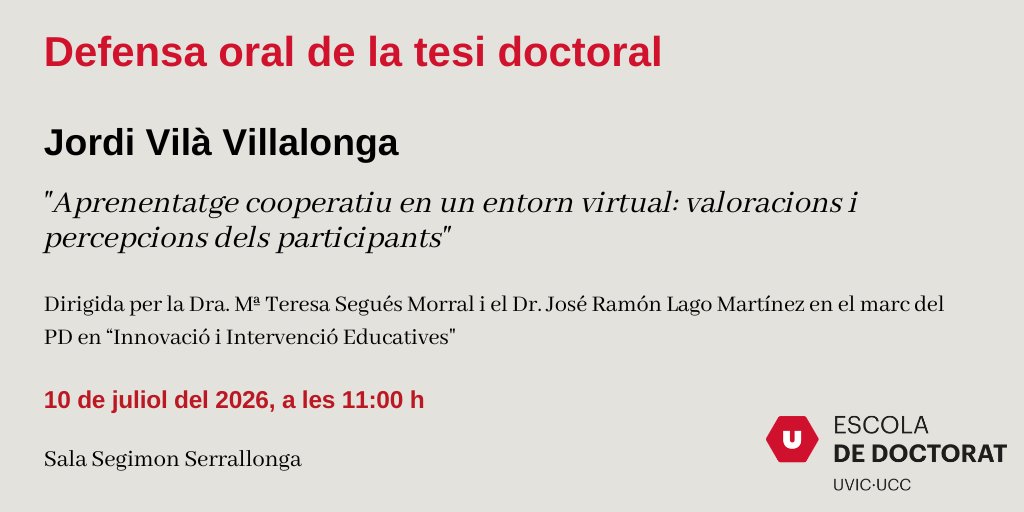 UVic_PhD's tweet photo. PROPERA DEFENSA DE TESI DOCTORAL   
#PD en Innovació i Intervenció Educatives https://t.co/1f6YTMxCFJ