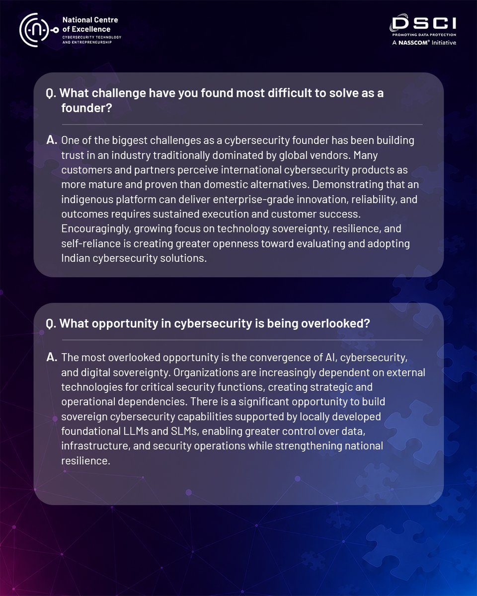 CoeNational's tweet photo. Every cybersecurity startup has a founder navigating complex challenges and building for what's next.

#RootAccess brings those conversations to the forefront.

Our first edition features Rajeev Raj, Founder &amp; CEO, @Spharaka. Swipe through to read the conversation.

@DSCI_Connect https://t.co/wCvQ5QdWBN