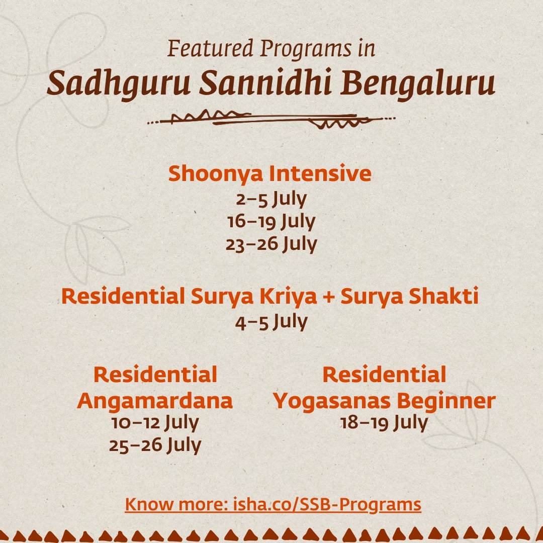 ishafoundation's tweet photo. In a continuing effort to offer at least one drop of spirituality to every human being on the planet, Isha programs and events are happening across Bharat this July.

Explore programs near you: https://t.co/KW1JbXaNSq https://t.co/qiiLi3676I