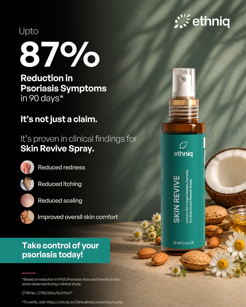 ethniqmed's tweet photo. Anyone can make a claim. We chose to prove it.

Skin Revive Spray isn’t built on assumptions - it is backed by clinical study findings, showing measurable improvements in key psoriasis symptoms over time. 

Shop now: https://t.co/W1XCvNSUe6

#Ethniq #psoriasis https://t.co/xm2f1NhyaB