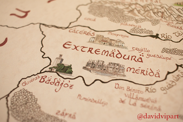 davidvipart's tweet photo. EXTREMADURA - Detalle de mi mapa de España estilo Tierra Media - Plaza mayor de Cáceres, Teatro romano de Mérida, Torre Espantaperros de Badajoz 🟢⚪️⚫️ https://t.co/DFjWFxxxGL